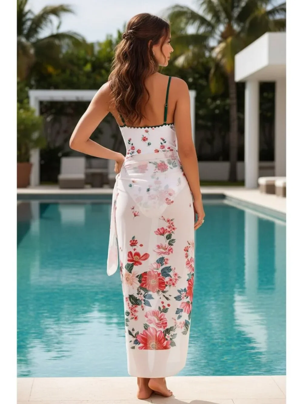 Bow Tie Keyhole One-Piece Swimsuit Matching Swimwear Sarong Wrap Cover Up Set